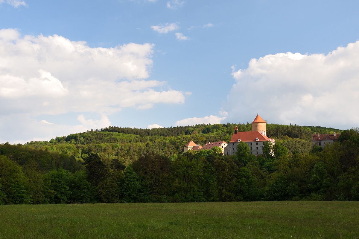 Beautiful Gothic castle Veveri. The city of Brno at the Brno dam. South Moravia - Czech Republic - Central Europe. Spring landscape.