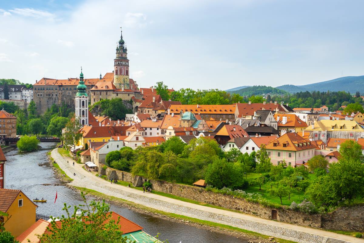 Cesky Krumlov skyline in Czech Republic.
